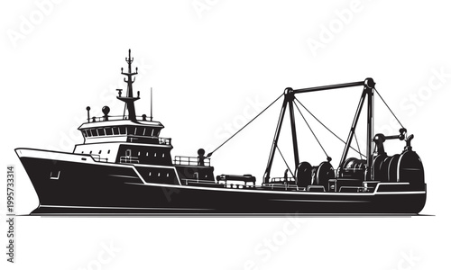 Dredger ship silhouette, dredging vessel, harbor sea, vector isolated on white