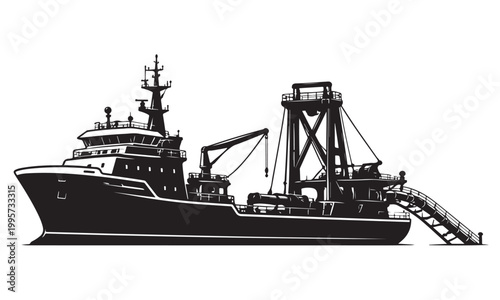 Offshore construction vessel silhouette, installation vessel, offshore sea, vector isolated on white