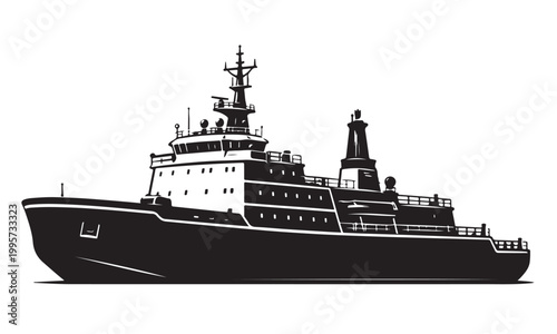 Fishing vessel silhouette, fishing boat, ocean sea, vector isolated on white