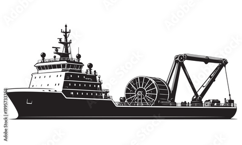 Tugboat silhouette, service vessel, harbor port, vector isolated on white