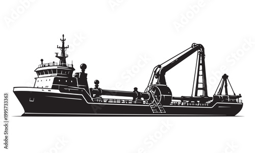 Cable laying ship silhouette, cable layer vessel, offshore sea, vector isolated on white