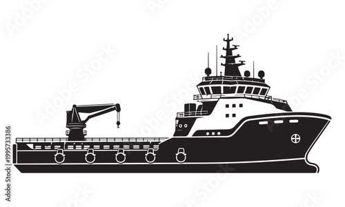 Offshore support vessel silhouette, supply vessel, offshore sea, vector isolated on white