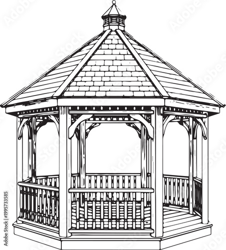 Black and white line of a wooden garden gazebo