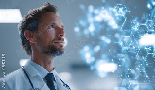 Medical Professional Examining Futuristic Digital Interface in Modern Laboratory.