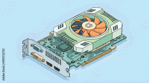 Detailed GPU Illustration Isometric Style Graphics Card Computer Component