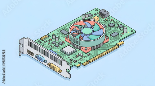 Isometric Graphics Card Illustration GPU Computer Hardware Technology Vector Design