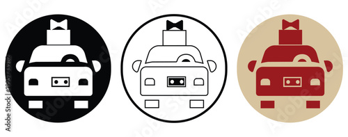 Wedding car icons set in front view with bow tie and decorations in silhouette, outline, and flat color styles for marriage or ceremony.
