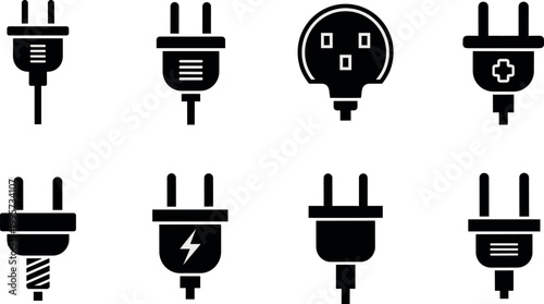 Electric plug icon set with different socket types, power connectors and charging symbols isolated black silhouette vector collection