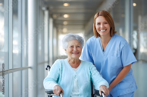 Smiling Nurse and Elderly Woman in Wheelchair in Hospital Corridor.