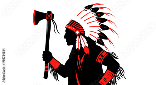 Native American Warrior Silhouette with Tomahawk and Feather Headdress
