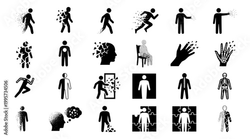 Presence vs Absence Silhouette Icon Set, 20 Minimalist Black Vector Appearance and Disappearance Concepts