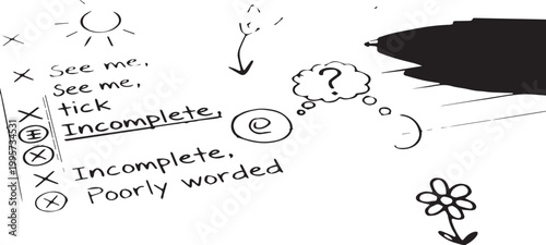 Hand-drawn checklist with feedback and question mark thought bubble