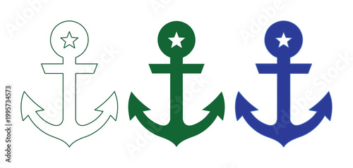 Set of 3 Anchor Icons with Star Detail Vector isolated PNG with Transparent Background