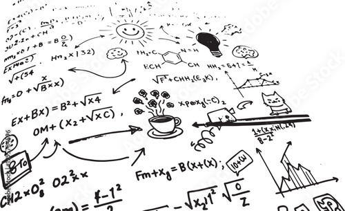 Hand-drawn mathematical equations, science symbols, and doodles