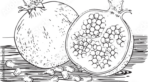 Line of whole and halved pomegranates fruit