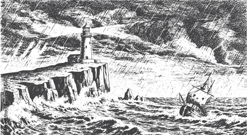 Lighthouse on cliff during stormy sea with lightning strike