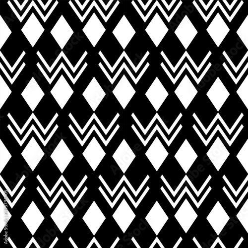 Seamless geometric pattern with black and white ethnic tribal motifs. Abstract vector background featuring repetitive diamond shapes, triangles, and square elements. Ideal for fabric print, wallpaper,