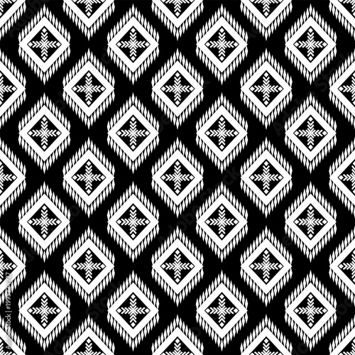 Seamless geometric pattern with black and white ethnic tribal motifs. Abstract vector background featuring repetitive diamond shapes, triangles, and square elements. Ideal for fabric print, wallpaper,