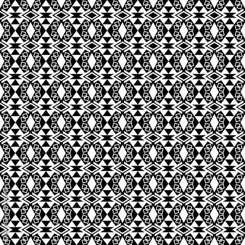 Seamless geometric pattern with black and white ethnic tribal motifs. Abstract vector background featuring repetitive diamond shapes, triangles, and square elements. Ideal for fabric print, wallpaper,