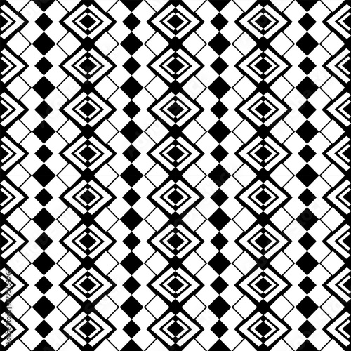 Seamless geometric pattern with black and white ethnic tribal motifs. Abstract vector background featuring repetitive diamond shapes, triangles, and square elements. Ideal for fabric print, wallpaper,