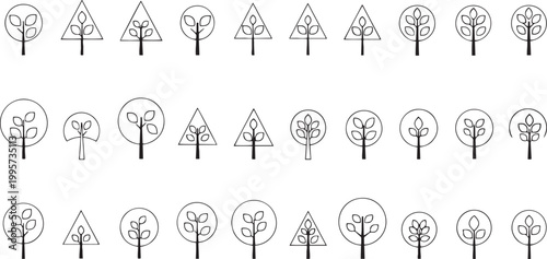 Set of black and white minimalist tree and symbols