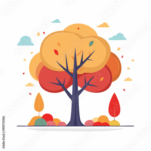 Stylized Autumn Tree with Colorful Leaves and Clouds