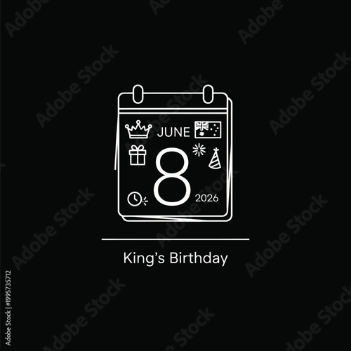 King's birthday calendar icon with june 8 date isolated on white background