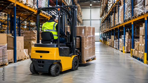 Forklift carries a shrink wrapped pallet of cardboard boxes through a clean warehouse aisle lined with storage racks.