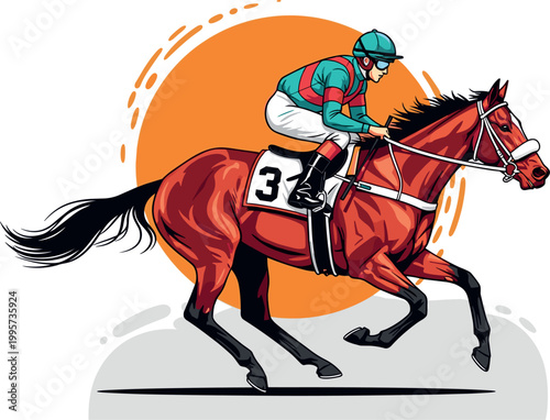 Illustration of Jockey riding brown horse racing track