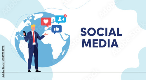 Illustration of Businessman interacting with social media globe