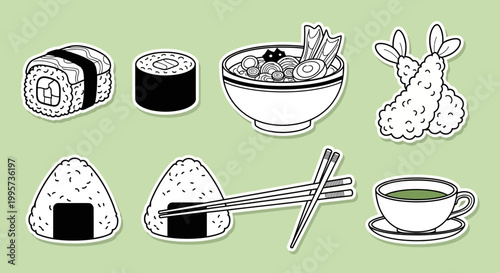 A delightful vector sticker sheet featuring popular Japanese food illustrations, including fresh sushi, savory ramen, crispy tempura, and traditional onigiri