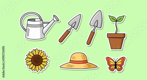 Adorable gardening tools and nature elements presented as a vibrant sticker sheet, perfect for spring projects and outdoor enthusiasts looking for charming decorative assets