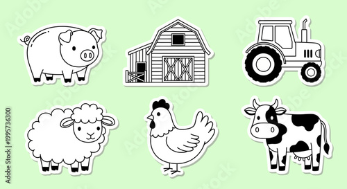 Charming farm animal and agricultural element line art sticker sheet for various creative projects and educational designs, perfect for children and DIY enthusiasts