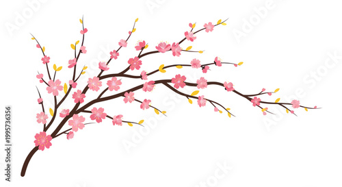 Delicate Cherry Blossom Branch with Pink Flowers and Yellow Leaves