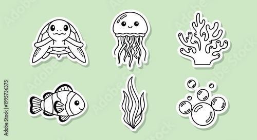 Adorable cartoon marine life elements on a versatile sticker sheet. Perfect for children's crafts, educational fun, and creative playful designs