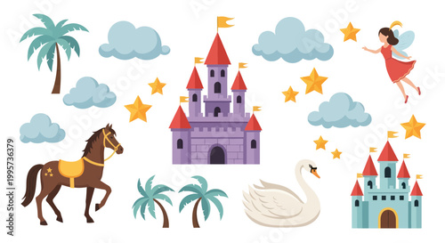 Fantasy Castle, Horse, Swan, Fairy, Palm Trees, Stars, Clouds