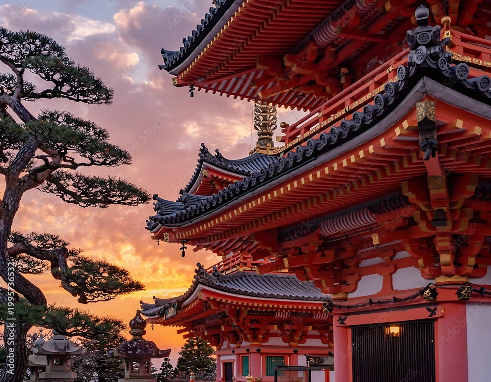 Fototapeta premium Stunning Japanese Temple Architecture at Sunset with Beautiful Sky and Trees.