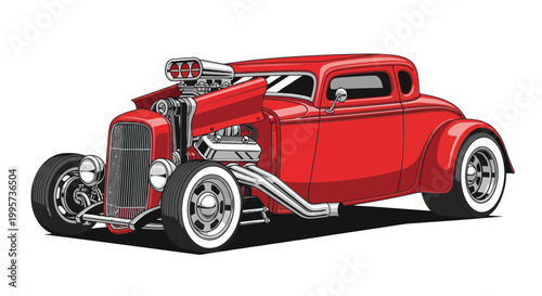 Vintage Red Hot Rod Coupe with Supercharger and Chrome Details