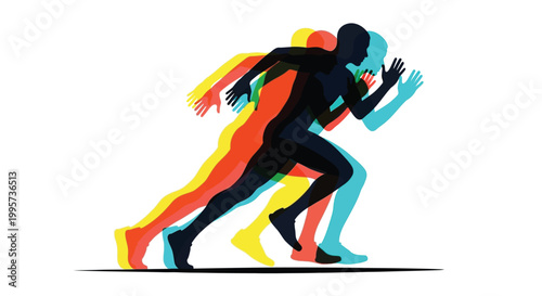 Dynamic vector illustration graphic design depicts a runner in motion with vibrant overlapping translucent color silhouettes of yellow orange and cyan against a clean white background representing spe