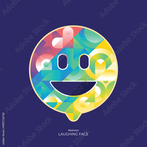 Abstract Geometric Smiley Face with Speech Bubble, Happy Laughter Day Vibrant Emoji Sticker Design