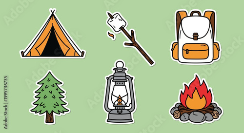 Vibrant and whimsical sticker sheet showcasing various camping essentials and outdoor gear, ideal for illustrating adventures and nature activities