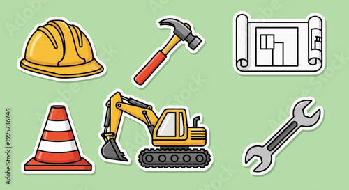 Vibrant collection of essential construction tools and heavy equipment depicted as a fun, illustrative sticker sheet, perfect for safety campaigns, educational resources, and playful design projects