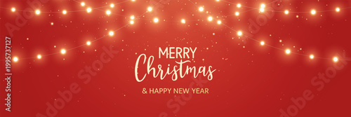 Christmas gold light frame. Fairy bulb red banner. New Year luxury string garland. Winter party background. Led neon baubles. Festive border. Glow lamp bg. Glitter bright. Vector illustration