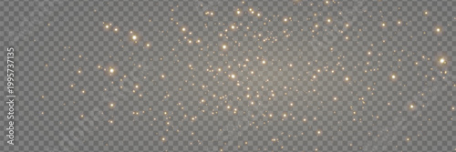 Gold glitter light banner. Magic dust background. Luxury party. Star particle bg. Christmas Holiday golden confetti. Fairy bulb. Glow shine bokeh. Winter Celebration frame. Vector illustration