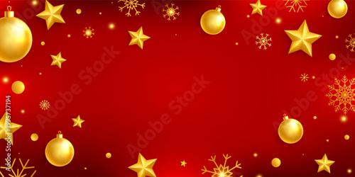 Gold balls, stars and snowflakes frame. Celebration red background. Bright Holiday ornament. Luxury hanging baubles. Christmas 3d gold glass toys. Festive glitter design elements. Vector illustration