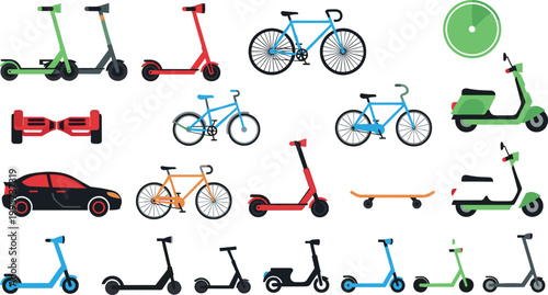 Flat transportation vector set featuring electric scooters, bicycles, skateboard, car and hoverboard isolated modern urban mobility icons collection
