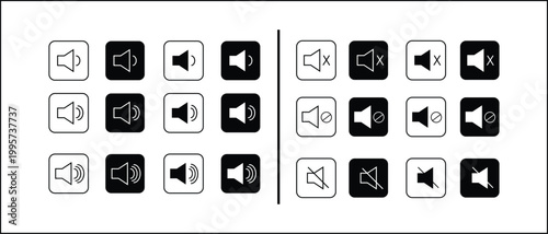 Speaker volume and mute icon set with different sound levels and silent mode symbols for user interface design isolated on white background

