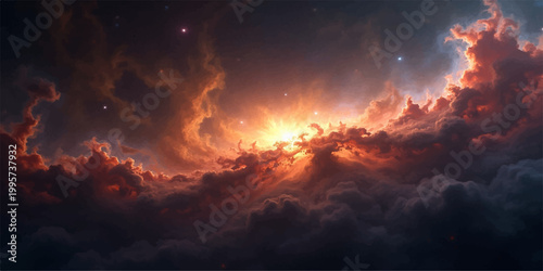 Dramatic sunset light casts a beautiful orange glow over a forest fire and a cozy fireplace nestled in the woods under a red cloudscape at dusk