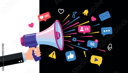 Illustration of Hand holding megaphone with social media icons