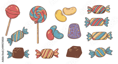 A vibrant collection of assorted candies and sweets, including lollipops, chocolates, jelly beans, and wrapped candies, presented in a playful and colorful illustration.